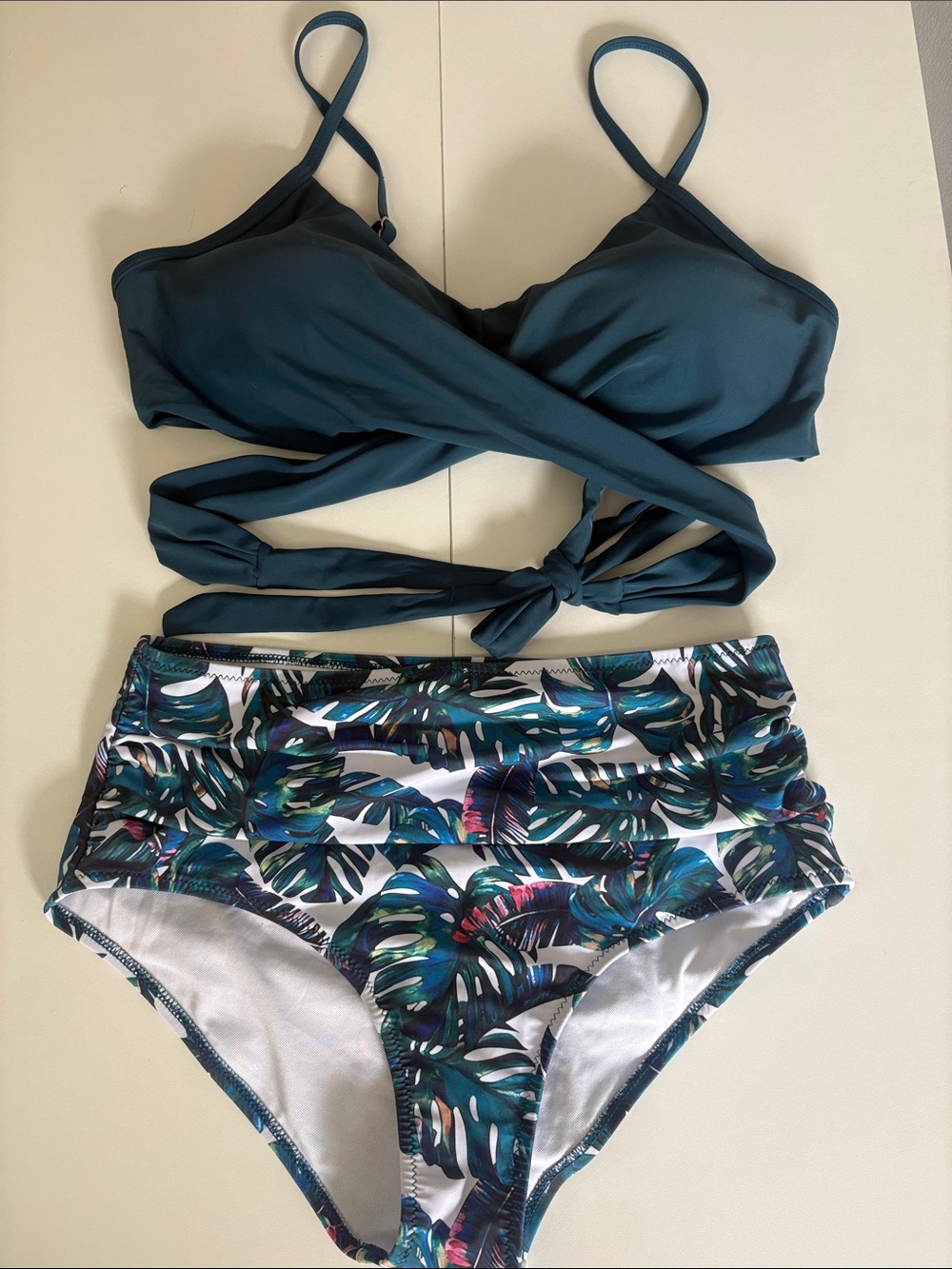 Teal Wrap Tie Bikini Set‎ Tropical Leaf High Waist Swim Suit L